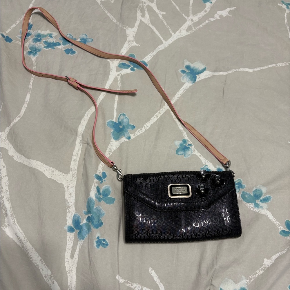 Guess Sleek Black Crossbody Bag with Floral Embellishment